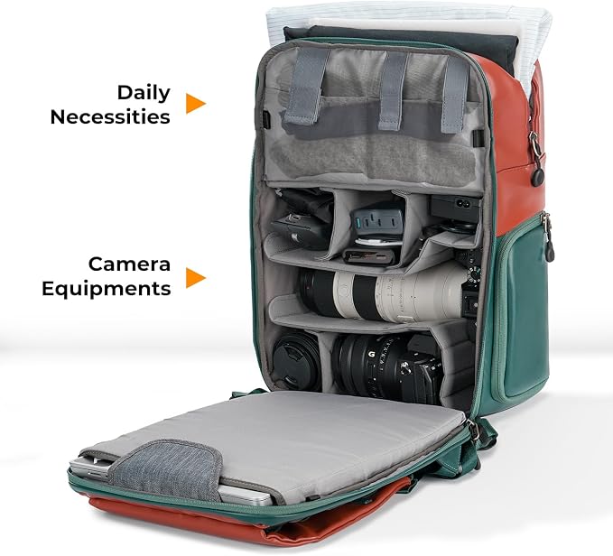 K&F CONCEPT 20L Camera Case for Photographers Large Capacity PU Leather Camera Bags with Raincover, 15.6 Inch Laptop Compartment for Camera Drone Bags