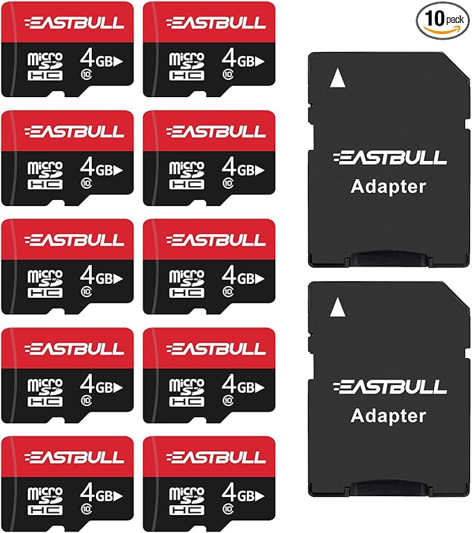 EASTBULL 4GB 10-Pack of Micro SD Card, 4GB SD Cards Pack Full HD Video 90MB/s UHS-I U1 Micro SDHC Class 10 for Surveillance Security Cam (10 Units and 2 Adapters)
