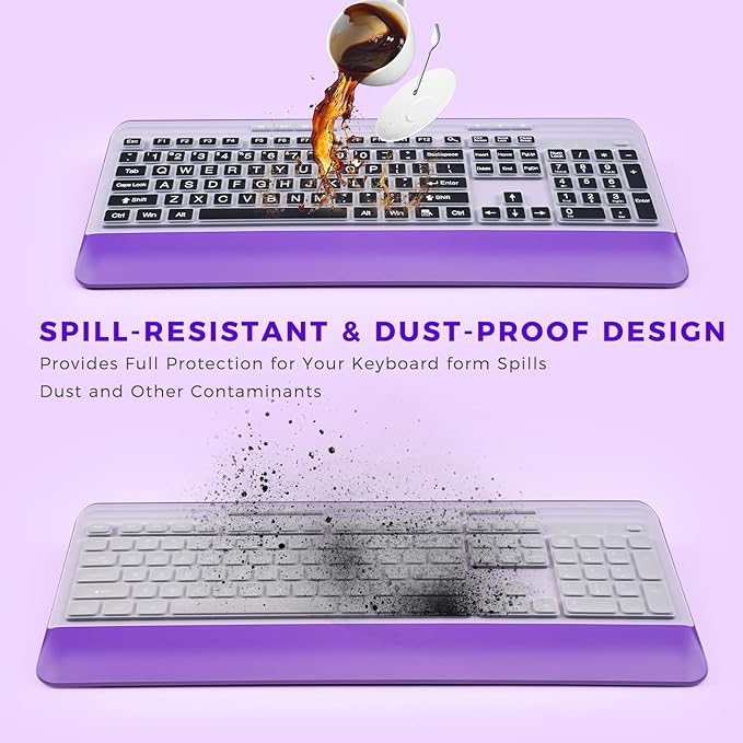 KOPJIPPOM Silent Wireless Keyboard and Mouse Combo - Keyboard with Large Print Cover, 2.4GHz Full-Sized Ergonomic Keyboard with Wrist Rest and Mouse for Laptop, PC, Notebook, Desktop