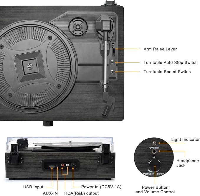Vinyl Record Player Wireless Turntable with Built-in Speakers and USB Belt-Driven Vintage Phonograph Record Player 3 Speed for Entertainment and Home Decoration Black