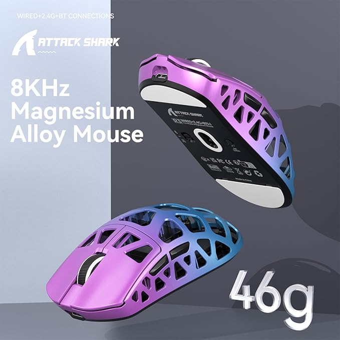 R3 46g Superlight Magnesium Alloy Wireless Gaming Mouse, BT/2.4Ghz/Wired Computer Mouse, 8000Hz Wireless Polling Rate, PAW3395 26K DPI Sensor, Programmable Mice, PC/Laptop/Mac (Purple&Blue)