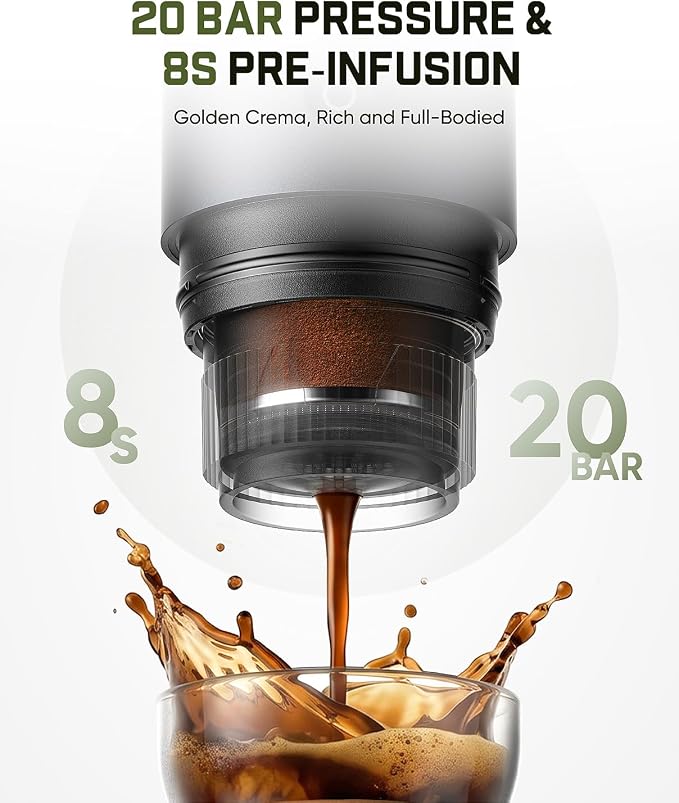 Fanttik Cafein 11 Portable Coffee Machine, Self-Heating Electric Espresso Machine with USB-C, 20 Bar Coffee Maker for Travel, Hiking, Gym and Office