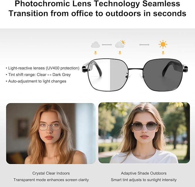 Smart Glasses for Women Men, Intelligent Touch, Anti-Blue Light Bluetooth Glasses with Speakers, Polarized Sunglasses with Photochromic Lenses, Multifunctional Audio Glasses for Indoor & Outdoor
