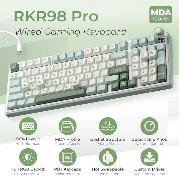 RK ROYAL KLUDGE R98 Pro Wired Mechanical Keyboard, RGB PC Gaming Keyboard with Number Pad and Volume Knob, Gasket Mount, MDA Profile PBT Keycaps, for Win/Mac, Hot Swappable Linear Cream Switch