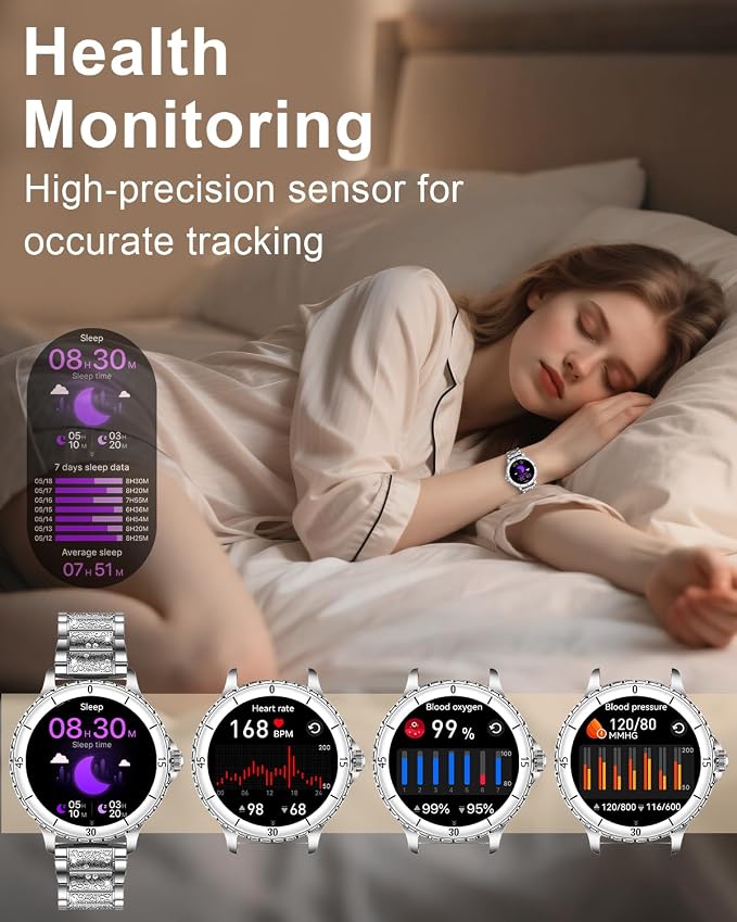Smart Watches for Women, 1.27" HD Smartwatch with Diamond Strap Compatible Android/iOS, Answer/Make Call, IP68 Waterproof Fitness Tracker with Heart Rate, Sleep Monitor, 120+ Sports, Silver