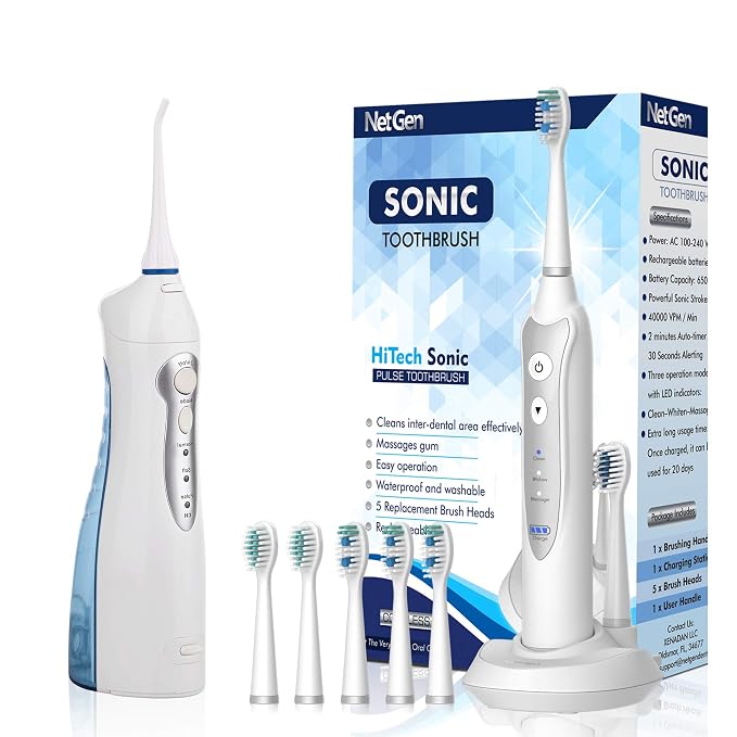 Cordless Water Flosser for Best Cleaning of Teeth Gums Professional Dental Oral Irrigator,Sonic Toothbrush, Electronic Toothbrush with 3 Brushing Modes and Built-in Timer, IPX7 Waterproof, White