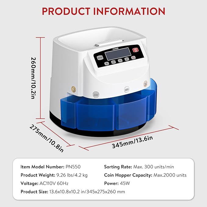 PONNOR Coin Counter Machine Sorter Change and Wrapper Roller Counting Organizer Sorts up to 300 Coins Per Minute Automatically Sorts and Batches - White