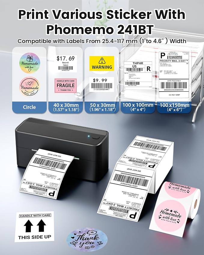 Phomemo Bluetooth Thermal Label Printer, 241BT 4X6 Wireless Shipping Label Printer for Small Business, Pink Labels Printers for Shipping Package Whit Holder