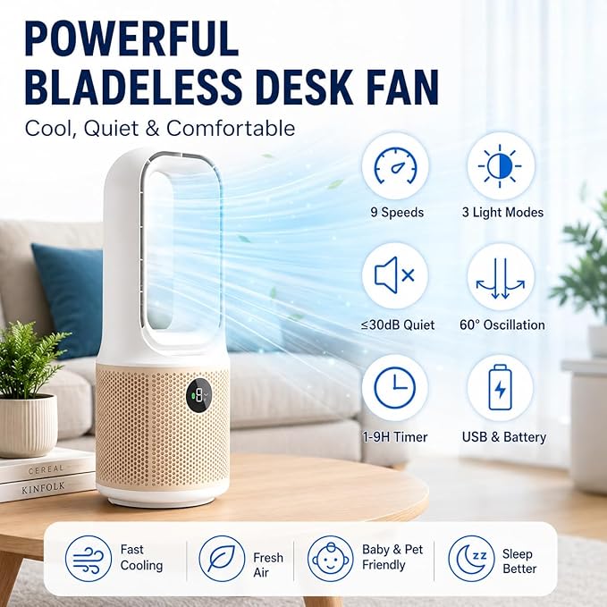 13.5" Bladeless Desk Fan, Quiet USB Rechargeable Portable Fan with 9 Speeds, 60° Oscillation, 1-9H Timer & 3-Level LED Night Light, Personal Cooling Fan for Bedroom, Office Desktop, Child & Pet Safe