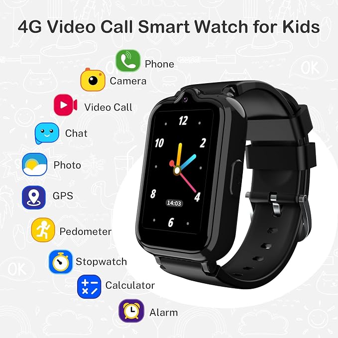 4G Kids Watch with GPS Tracker Smart Watch for Boys HD Touch Screen Video & Voice Chat Calling Pedometer SOS Alarm Calculator Camera Waterproof Digital Watch Age 5-12