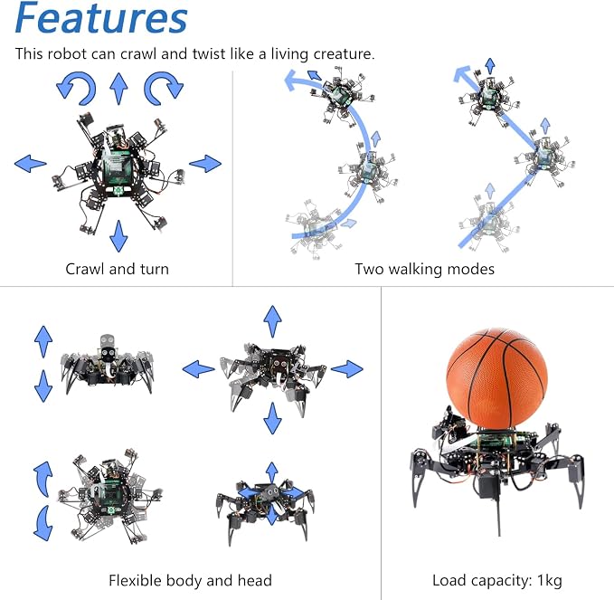 Freenove Big Hexapod Robot Kit for Raspberry Pi 5 4 B 3 B+ Zero 2 W, Walking, Self Balancing, Face Recognition, Ultrasonic Ranging, App Control, Camera, Servo (Raspberry Pi NOT Included)