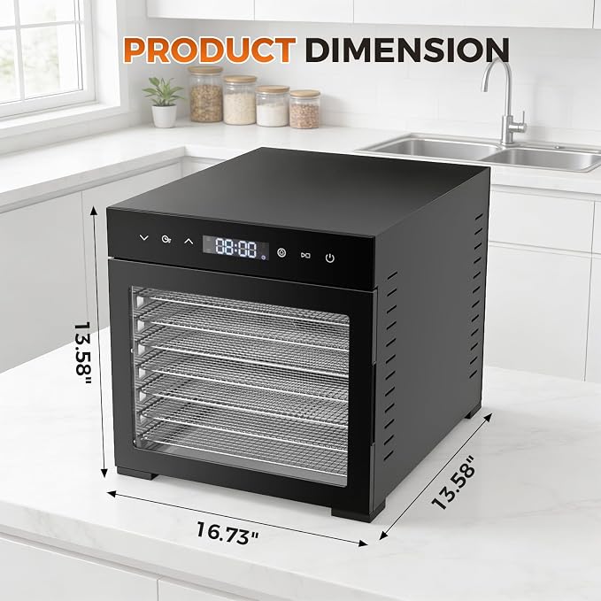 OLIXIS Food Dehydrator Machine, 500W Jerky Dehydrators with 8 Stainless Steel Large Trays, 185°F Temperature Control & 24H Timer Food Dryer for Fruit Meat Herb Dog Treats, Black