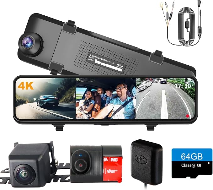 4K 3 Channel Mirror Dash Cam with Mirror Dash Cam Hardwire Kit, 24H Parking Monitor 11" Triple Rear View Mirror Dash Camera Front Inside Rear, Night Vision, Free 64GB Card, WDR, GPS, G-Sensor