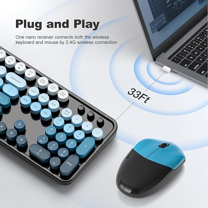 MOFII Wireless Keyboard and Mouse Combo, 2.4GHz Retro Typewriter Keyboard Full Size, Cute Wireless Mice, USB Dongle Plug and Play, for Laptop, PC, Desktop, Windows (Black Blue Gradient Color)