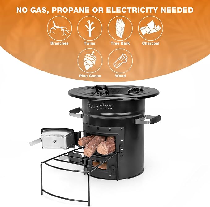 Onlyfire Cast Iron Rocket Stove – Heavy Duty Portable Wood Burning Camp Stove for Outdoor Cooking, Patio, Survival – High Fuel Efficiency, Low Smoke, Supports Pots & Dutch Oven, 12.7x12.7x11.4 in