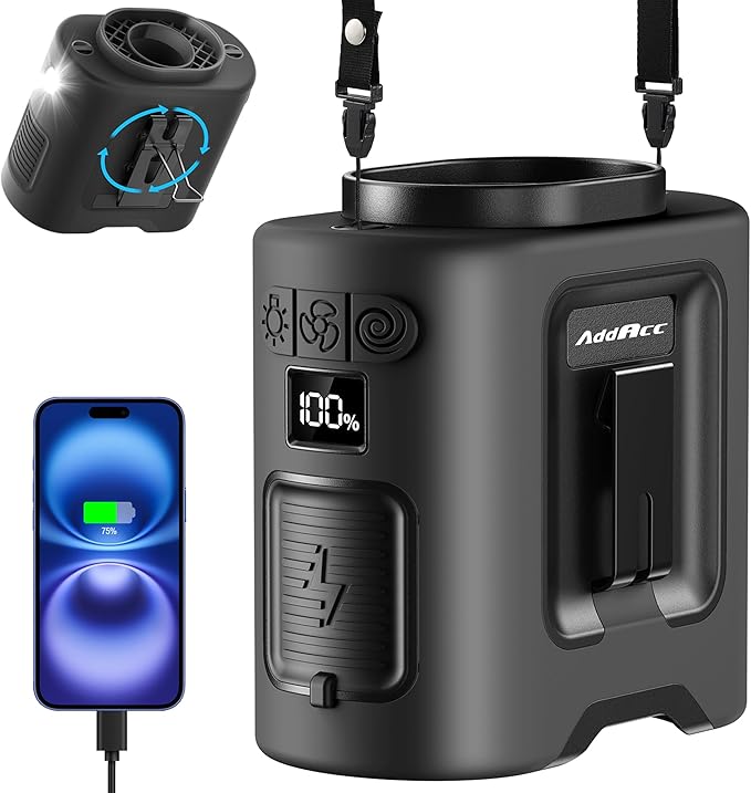 AddAcc Portable Waist Fan - 14500mAh Rechargeable Battery, 67Hrs Cooling Belt Fan, 5 Powerful Speed & 360° Rotatable, Hands-Free Clip On Waist With LED Light for Work Gift Camping Travel Outdoor