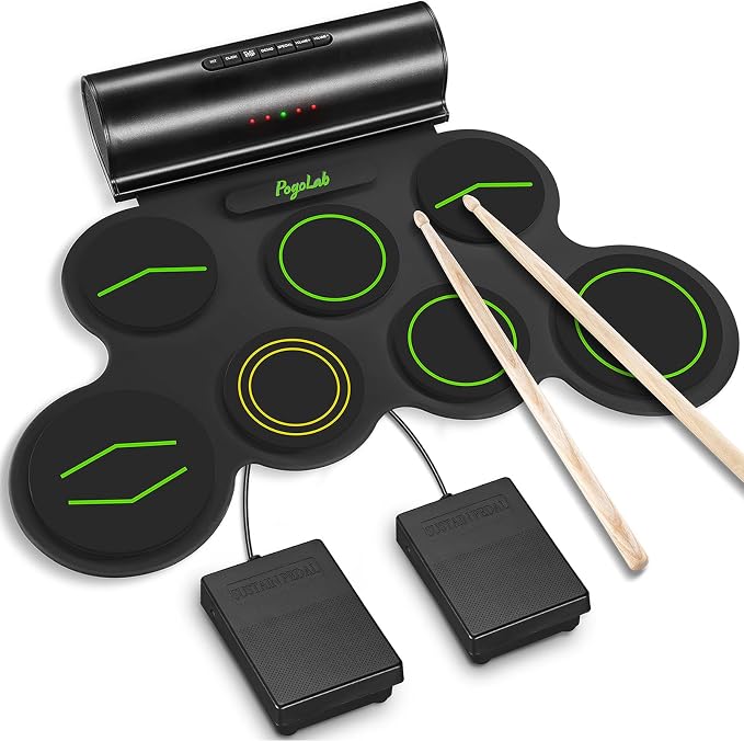 POGOLAB Electronic Drum Set, 7 Pads Roll Up Electric Drum Pad with Wireless Function, Portable Rechargeable Midi Drum Kit with Speaker/Pedals/Headphone Jack, Great Holiday Gift for Beginner (Green)