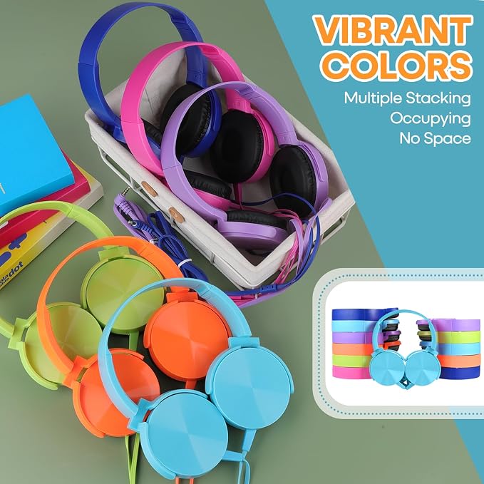 Bulk Headphones 12 Pack for School Classroom Kids K-12, Wholesale Wired Durable Computer Earphones Class Set for Students Children Toddler Teens Boys Girls and Adult (HY450, 12 Mixed)