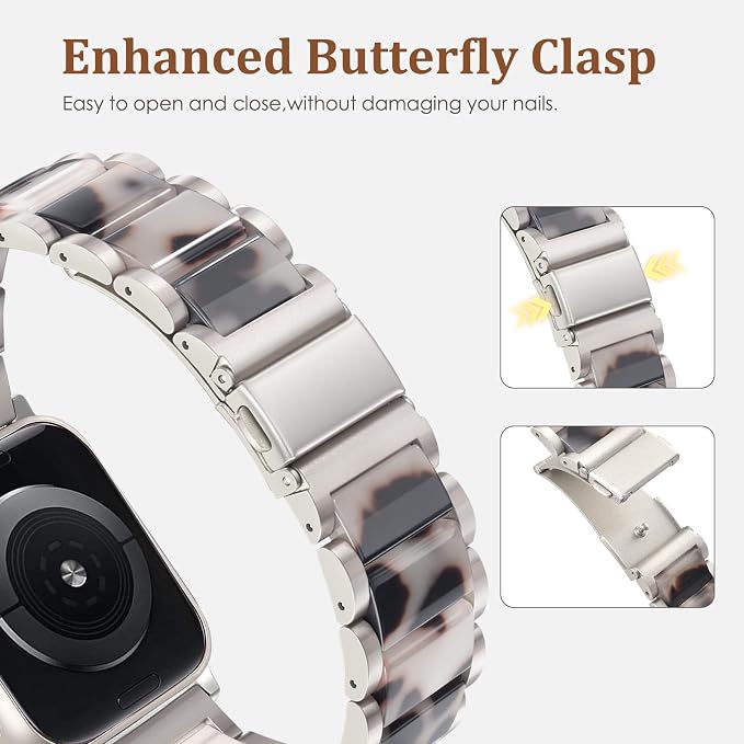 V-MORO Compatible with Apple Watch Band 41mm 42mm 40mm 38mm Series 11/10/9/8 Fashion Strap Women,Stainless Steel Resin Band Bracelet Replacement for iWatch Ultra/SE/7/6/5/4/3/2/1-Black Floral+Starlight