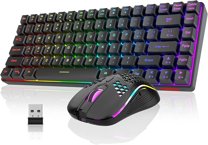 RedThunder K84 Wireless Keyboard and Mouse Combo, Rainbow Backlit Rechargeable Battery, 75% Layout TKL Ultra Compact Gaming Keyboard & Lightweight 3200 DPI Honeycomb Optical Mouse (Black)