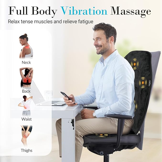 Back Massager with Heat, 5 Vibrating Modes & 2 Heat Levels, Back Massager Chair Pad, Electric Massage Seat Cushion, Massage Pad for Back Pain Relief, Gifts for Men Him Dad Mom Her