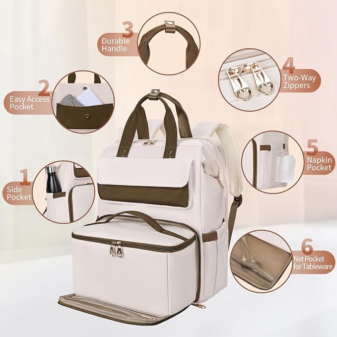 BERTASCHE Lunch Backpack for Women, 15.6 Inch Laptop Backpack with Insulated Cooler Lunch box, Nurse Backpack for Teacher Work Travel College Picnic, Beige