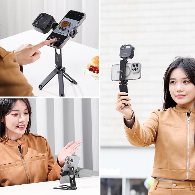 ULANZI MA26 Foldable Phone Tripod, Pocket Cell Phone Vlog Video Tripod Handle Aluminium Smartphone Desk Stand 2 Cold Shoe Small Size All in One Lightweight Portable Vlog Stick for iPhone 17 Samsung