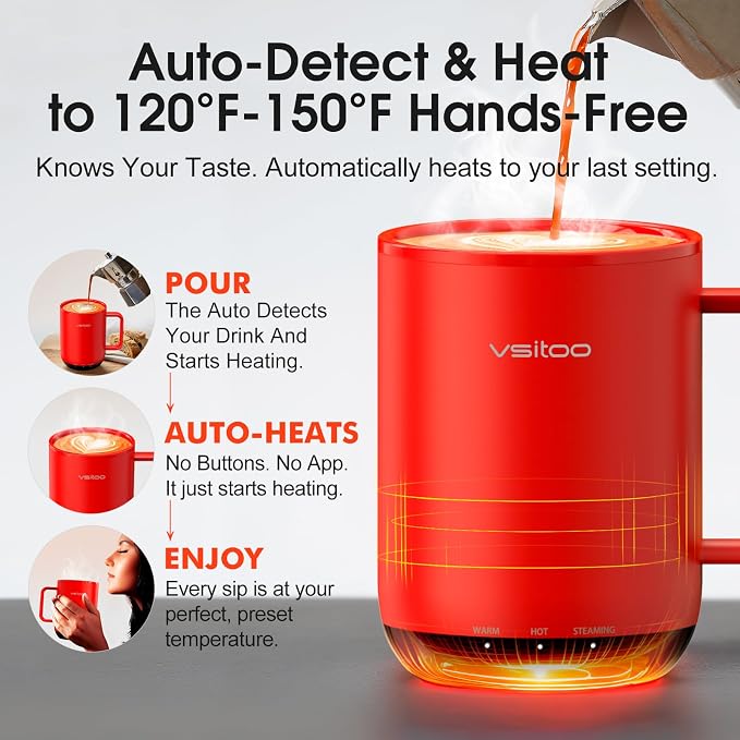 VSITOO S3 Plus 14oz Self Heating Coffee Mug with Auto-Sensing AI - Smart Rechargeable Heated Mug, Temperature Control 120-150℉, IPX7 Waterproof, Coffee Warmer Gift for Women Men- Red