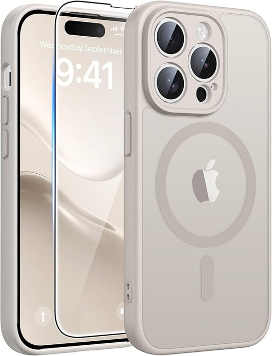 FNTCASE for iPhone 14 Pro Case: [Compatible with Magsafe] Translucent Matte Cases with [Full Camera Protection] [Screen Protector] Military Grade Shockproof Protective Phone Cover - Off White