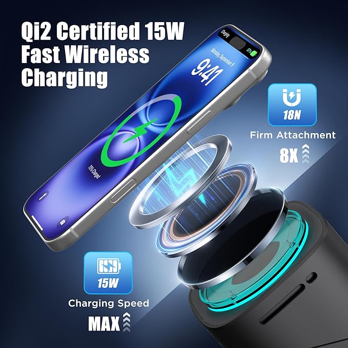6-in-1 Charging Station, Desktop Charger with QI2 15W Wireless & 65W USB-C Hub, 3 USB-C + USB-A, Smart Power for iPhone, Android, Earbuds, Watch, Laptop for Office Desk & Nightstand (Black)