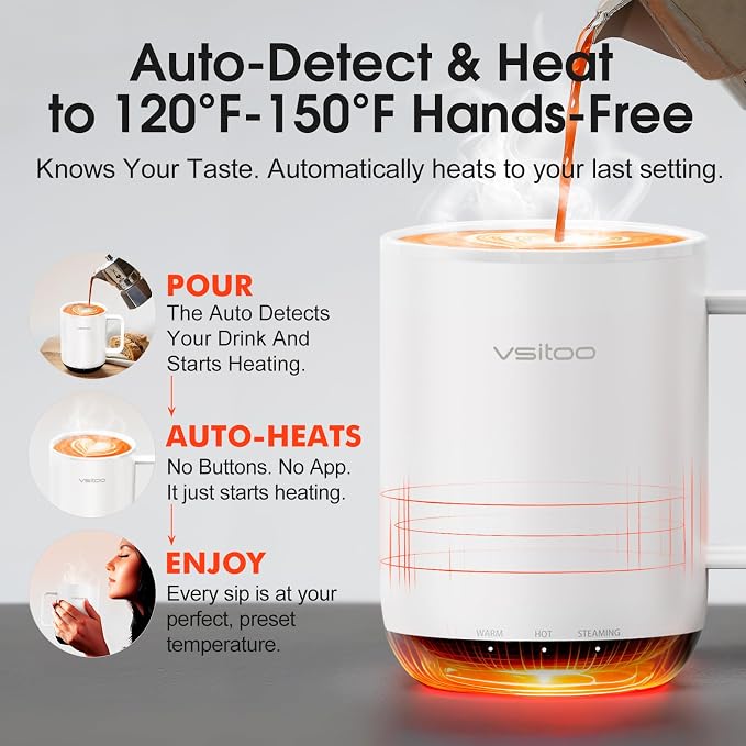 Vsitoo S3 Plus 14oz Self Heating Coffee Mug with Auto-Sensing AI - Smart Rechargeable Heated Mug, Temperature Control 120-150℉, IPX7 Waterproof, Coffee Warmer Gift for Women Men - White