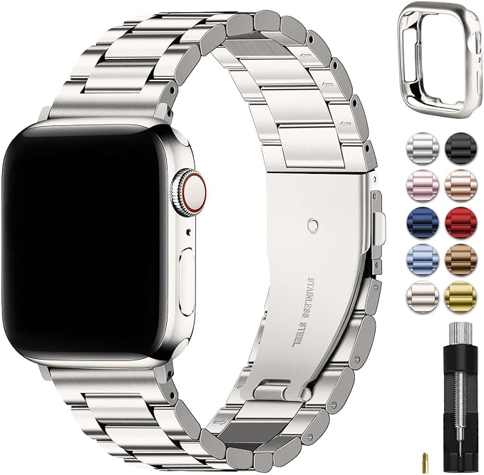 Fullmosa Metal Band Compatible with Apple Watch Bands 45mm 44mm 42mm, iWatch Band with Case for Apple Watch Series 9 8 7 6 5 4 3 2 1 SE3/2/1, Starlight