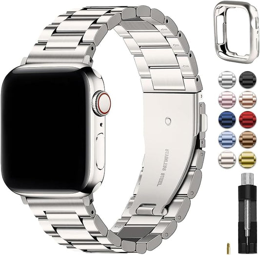 Fullmosa Metal Band Compatible with Apple Watch Bands 45mm 44mm 42mm, iWatch Band with Case for Apple Watch Series 9 8 7 6 5 4 3 2 1 SE3/2/1, Starlight