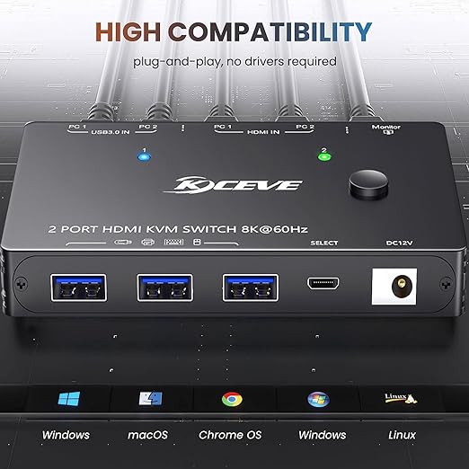 KCEVE KVM Switch 2 Computers 1 Monitor HDMI 2.1, USB 3.0 KVM Switch 2 PC 1 Monitor 8K@60Hz 4K@120Hz,HDCP 2.3 Share 3 USB3.0 Devices, Wired Remote(8K HDMI 2 in 1 Out KVM)