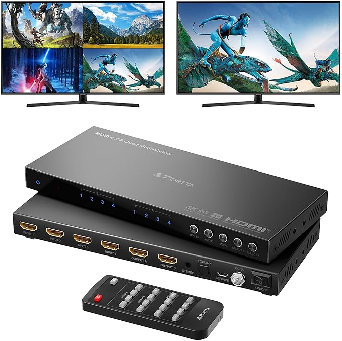 4K HDMI Multiviewer Switch 4x2 with PIP, PORTTA Quad Multi Viewer Seamless Switcher 4 in 2 Out with Toslink, 3.5mm Audio Output Support 4K 30Hz, 6 Viewing Modes, Downscaler for PS4/PC/DVD