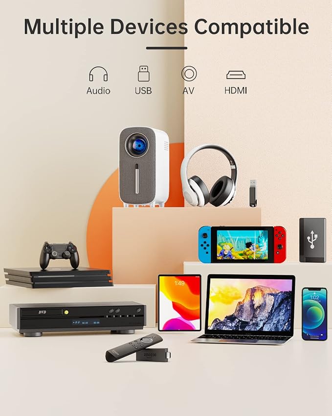Mini Bluetooth Portable Movie Projector - HISION 1080P Projector 4K Home Projector Outdoor TV Projector 8500L Video LED Projector Compatible with TV Stick Laptop Phone Tablet HDMI USB DVD White