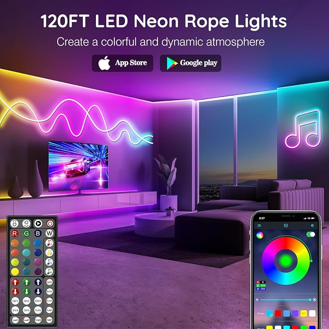 LETIANPAI 120Ft Neon Rope Lights,Flexible Led Rope Lights Control with App/Remote,Multiple Modes Music Sync Gaming RGB Led Neon Lights for Bedroom Outdoor