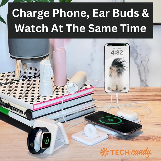 Tech Candy The Three Way Charging Valet Wireless Charging Pad - Charge 3 Devices at Once, Compact, Qi Charger for Travel, Foldable, 20W, Fast, for Phones, Ear Buds, Smart Watches