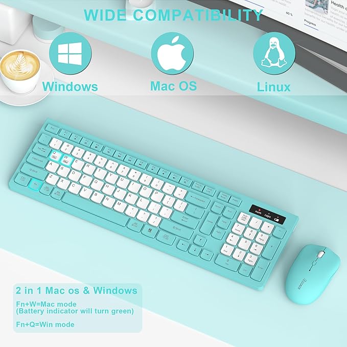 Wireless Keyboard and Mouse Combo, Full-Sized Quiet Wireless Keyboard and Adjustable DPI Mouse, 2.4GHz USB Receiver, Keyboard and Mouse for PC, Windows, Desktop, Laptop (Tiffany Blue and White-B)