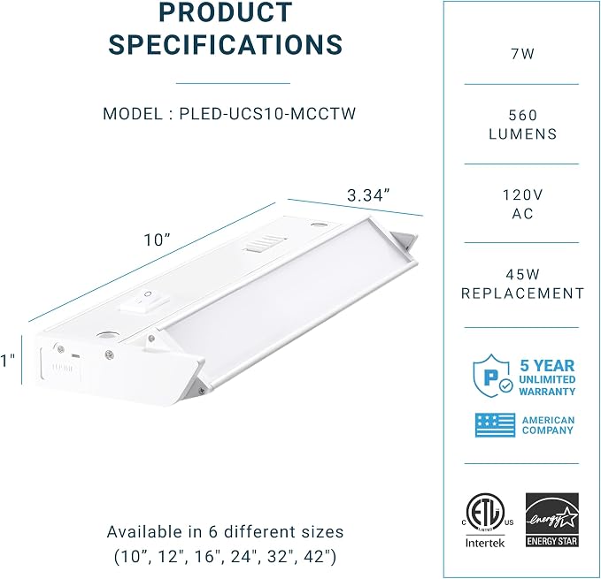 PARMIDA LED Swivel Under Cabinet Lighting, Hardwired or Plug-in Installation, 10 Inch, 7W, 5CCT Color Selectable - 2700K/3000K/4000K/5000K/6000K, Rotatable Lens, Dimmable, Linkable, 120V, 560LM, ETL