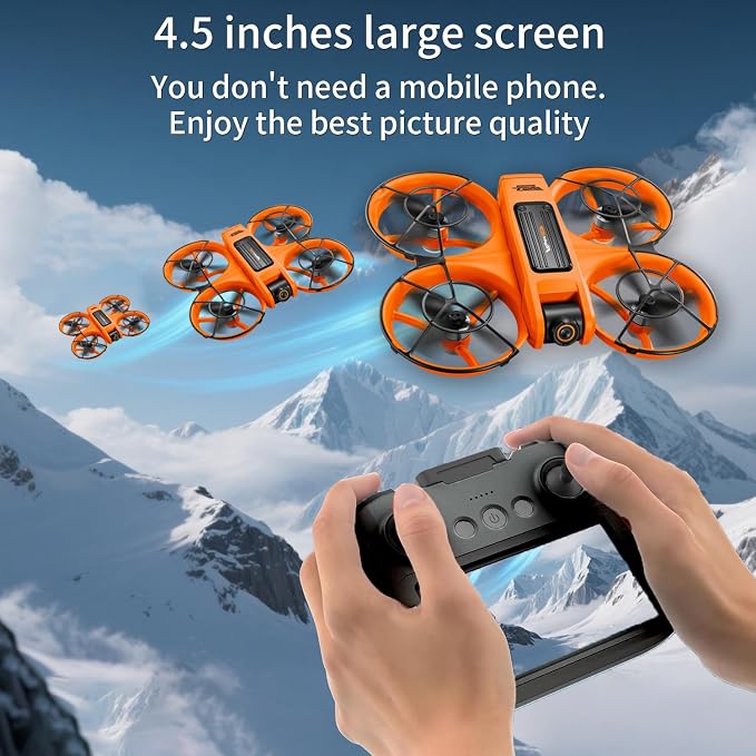 Drone with 4.5" HD Screen Remote, 2K Dual Camera Brushless Motor Quadcopter, 30 Min Flight with 2 Batteries, WiFi FPV, Follow Me, Auto Hover, 360° Protection, 3D Flip, Headless Mode, Includes Remote Lanyard - Great Gift for Adults and Beginners
