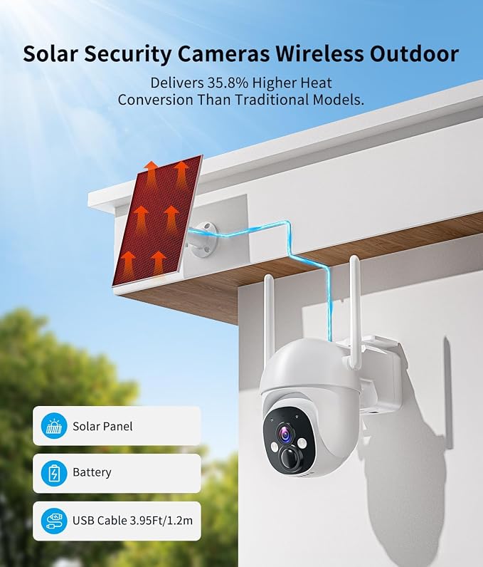 2K Solar Security Cameras Wireless Outdoor, 360° View Outdoor Camera for Home Security with Color Night Vision, Battery Powered, AI PIR Detection, Spotlight Siren Alarm, Only 2.4Ghz WiFi