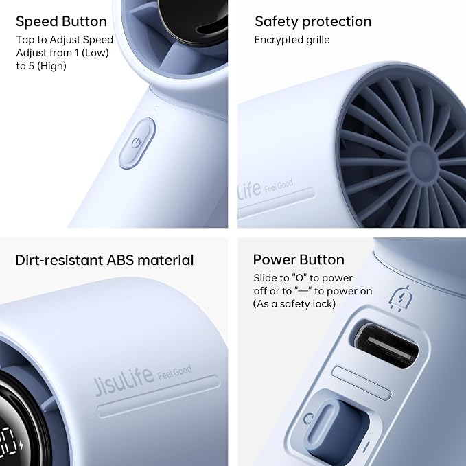 JISULIFE Handheld Turbo Fan Life10S – 5000mAh Rechargeable Portable Fan, 28H Runtime 5-Speed Powerful Airflow, Quiet Mini Hand Fan Blows Cold Air for Travel, Beach, Sports, Concerts, Men & Women（Blue）