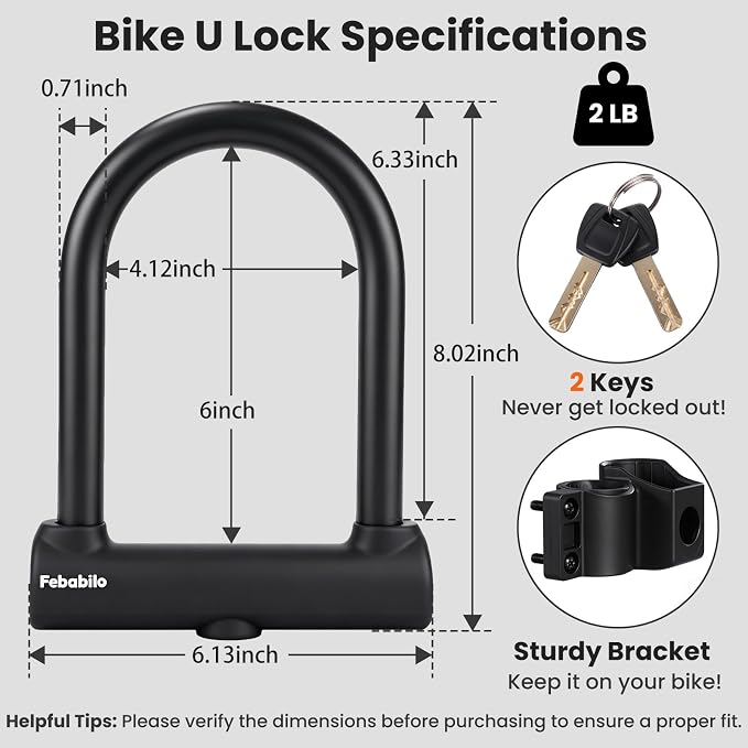 Bike Locks Heavy Duty Anti Theft,18mm Shackle High Security Bicycle U Lock with 2 Keys and Sturdy Mounting Bracket, Perfect for Electric Bike, Scooter, Motorcycle (Only U Lock, Large)
