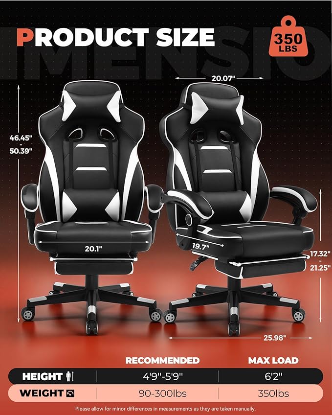 GTPLAYER Gaming Chair with Footrest, Big and Tall Game Chair 350lb Racing Style Computer Chair, Ergonomic Executive Office Chair High Back with Lumbar Support and Recliner, White