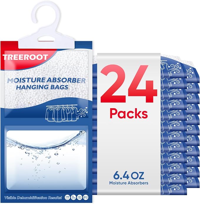 24 Pack Moisture Absorbers for Closet, 6.4OZ Hanging Closet Dehumidifier Bags, Hanging Humidity Absorber in Wardrobes, Kitchens and Bathrooms
