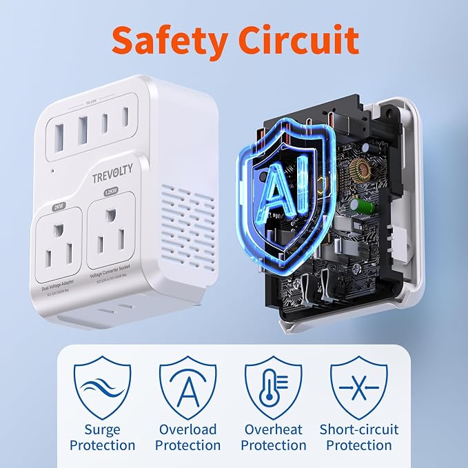 2000W Voltage Converter US to Europe for Hair Dryers, 7-in-1 220V to 110V Converter for European Travel with 3 AC/2 USBA/2 USBC Ports (PD20W), European Travel Adapter (White)