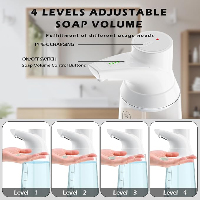 2 Pack Automatic Liquid Soap Dispenser Touchless,4-Level Adjustable Modern White Bathroom Hand Soap Dispenser, 700ml Rechargeable Electric Motion Sensor Waterproof Pump for Kitchen