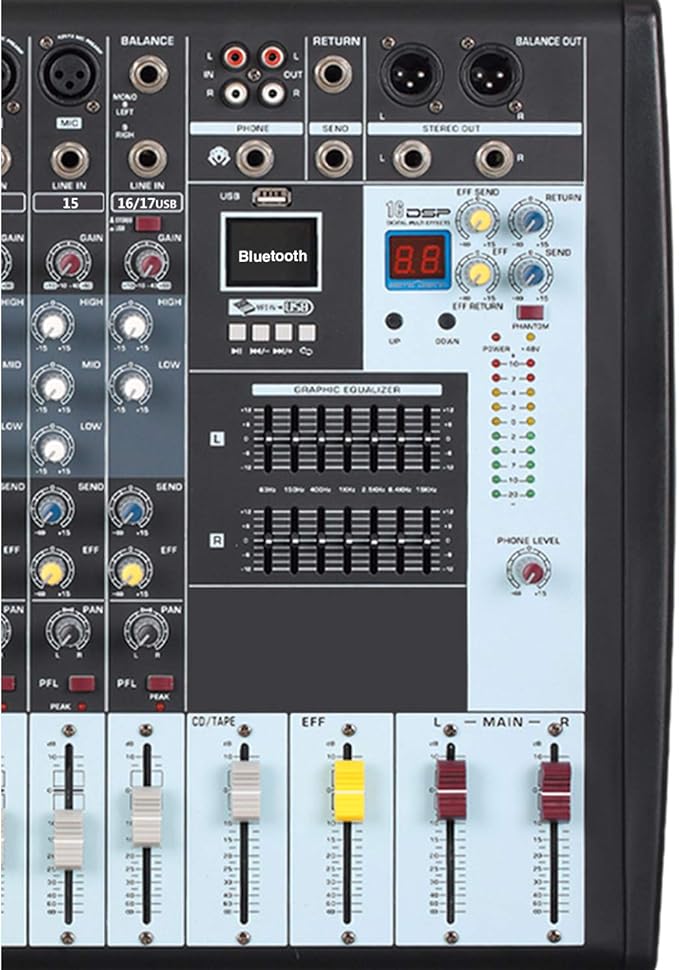 Boytone 12-Channel Professional Bluetooth Audio Mixer, PC Recording, 16 DSP Effects, 48V Phantom Power, 11 Mic Jack, DJ Stereo Input Soundboard Studio Controller, 14 Band EQ, RCA, Unpowered (BT-122MX)