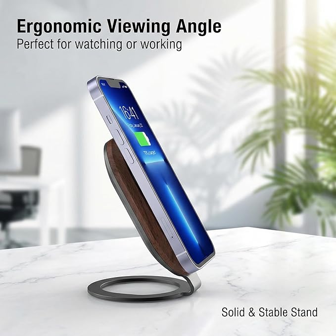 Solid Wood Wireless Charger Stand, 15W Magnetic Wireless Charging Dock (No Adapter Included), Compatible with MagSafe for iPhone 12-17 Series, Fast Charging for Home & Office, Gift for Men